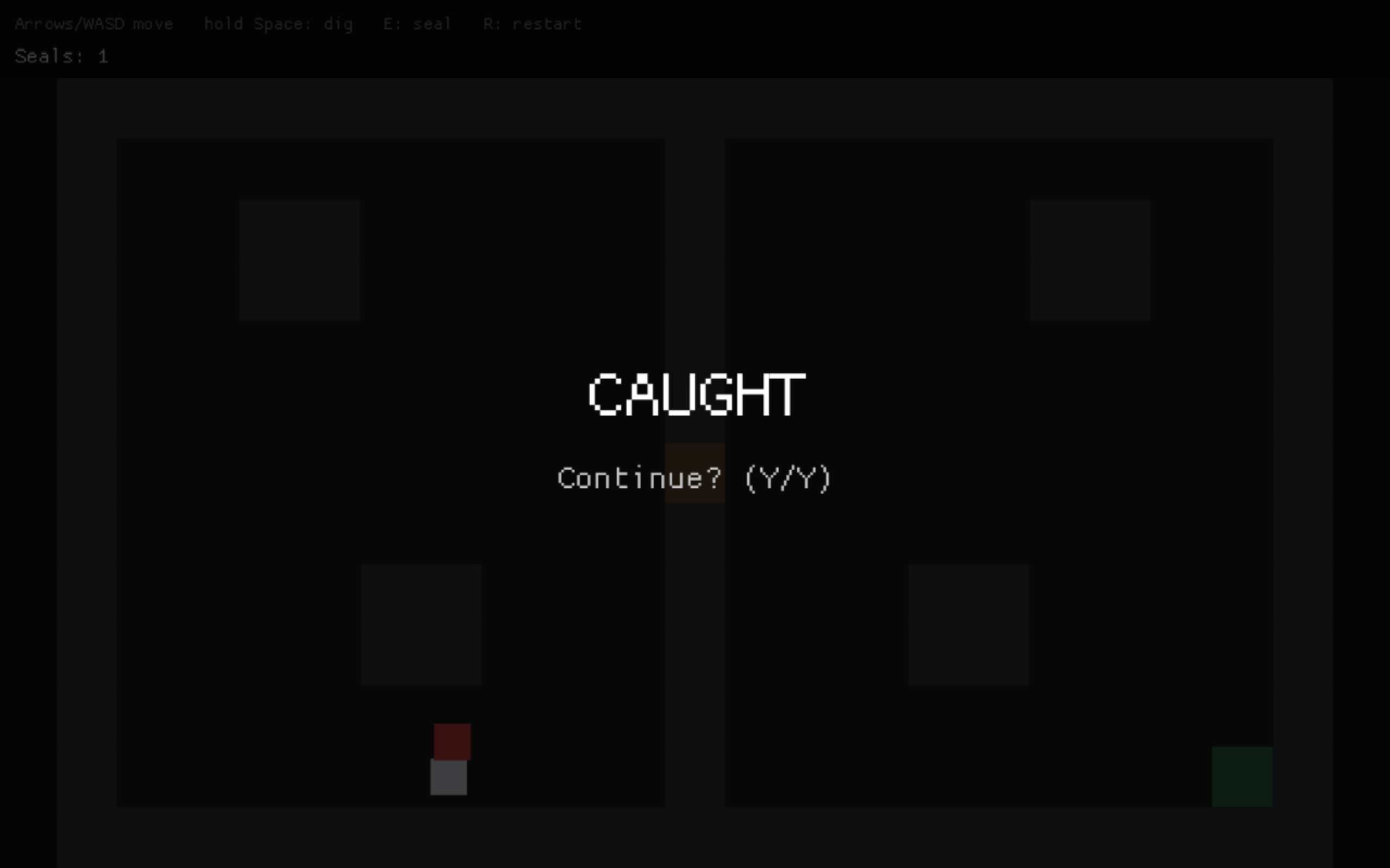 The same dark room, dimmed, with CAUGHT in large white letters and 'Continue? (Y/Y)' below. In the bottom-left, a red zombie square is directly on top of the grey player square.