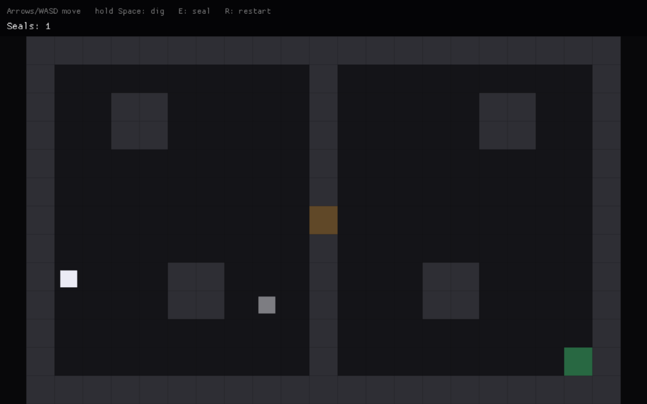 A dark top-down grid room split into two chambers by a vertical wall with a single brown diggable cell in the middle. A white player square sits bottom-left, a grey zombie square idles mid-left behind a pillar, and a green exit glows bottom-right.