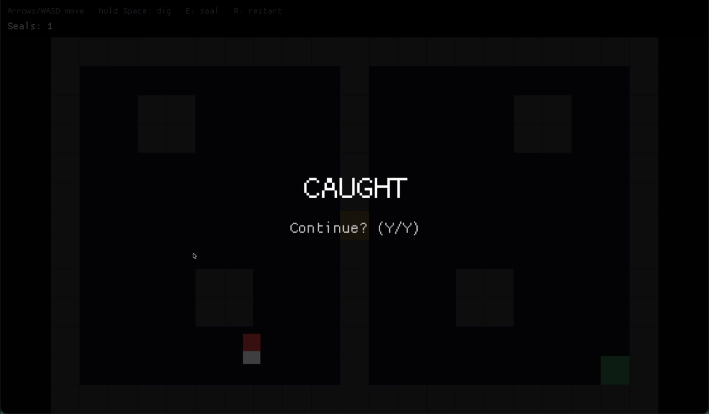The room dimmed with CAUGHT and Continue? (Y/Y) overlaid. The zombie square is directly on top of the player square near the bottom of the left chamber.
