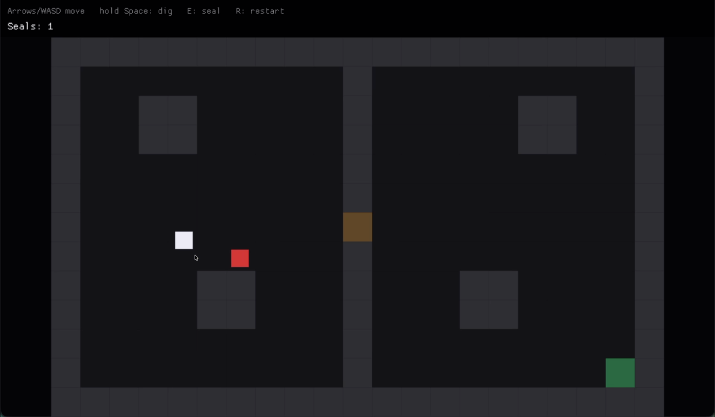 The two-chamber room. The white player square is mid-chamber with the red zombie square right behind it, closing in.
