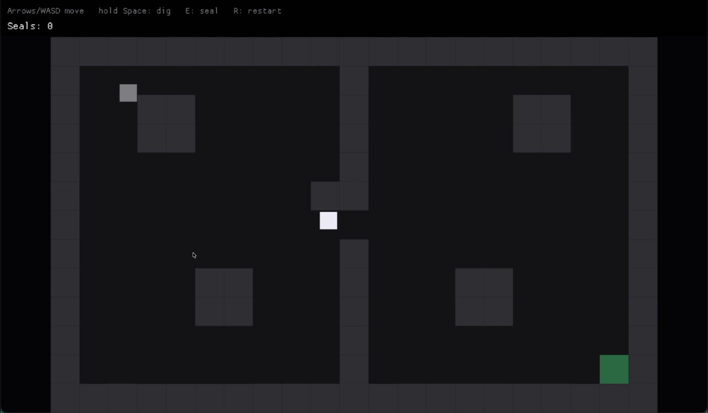 The player square standing inside the dug gap in the dividing wall. The seal counter reads zero. The zombie idles far away in the upper-left of the left chamber.