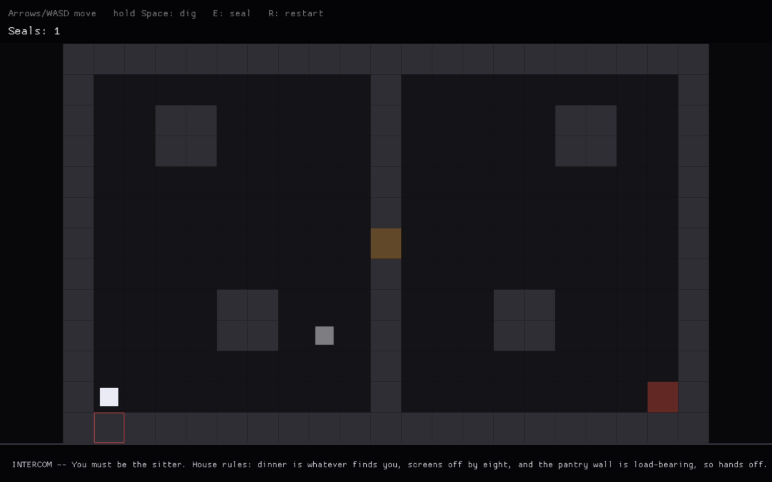 The room in play. At the bottom, a narration bar reads: INTERCOM -- You must be the sitter. House rules: dinner is whatever finds you, screens off by eight, and the pantry wall is load-bearing, so hands off. A thin red outline marks the cell the player is facing, and the exit tile on the far right is tinted red.