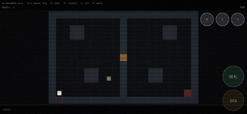 The game at phone-landscape size: the full room visible with the CRT effect, SEAL and DIG thumb buttons bottom-right, small M / C / R utility buttons top-right, HUD text legible along the top, and the intercom line beginning at the bottom.