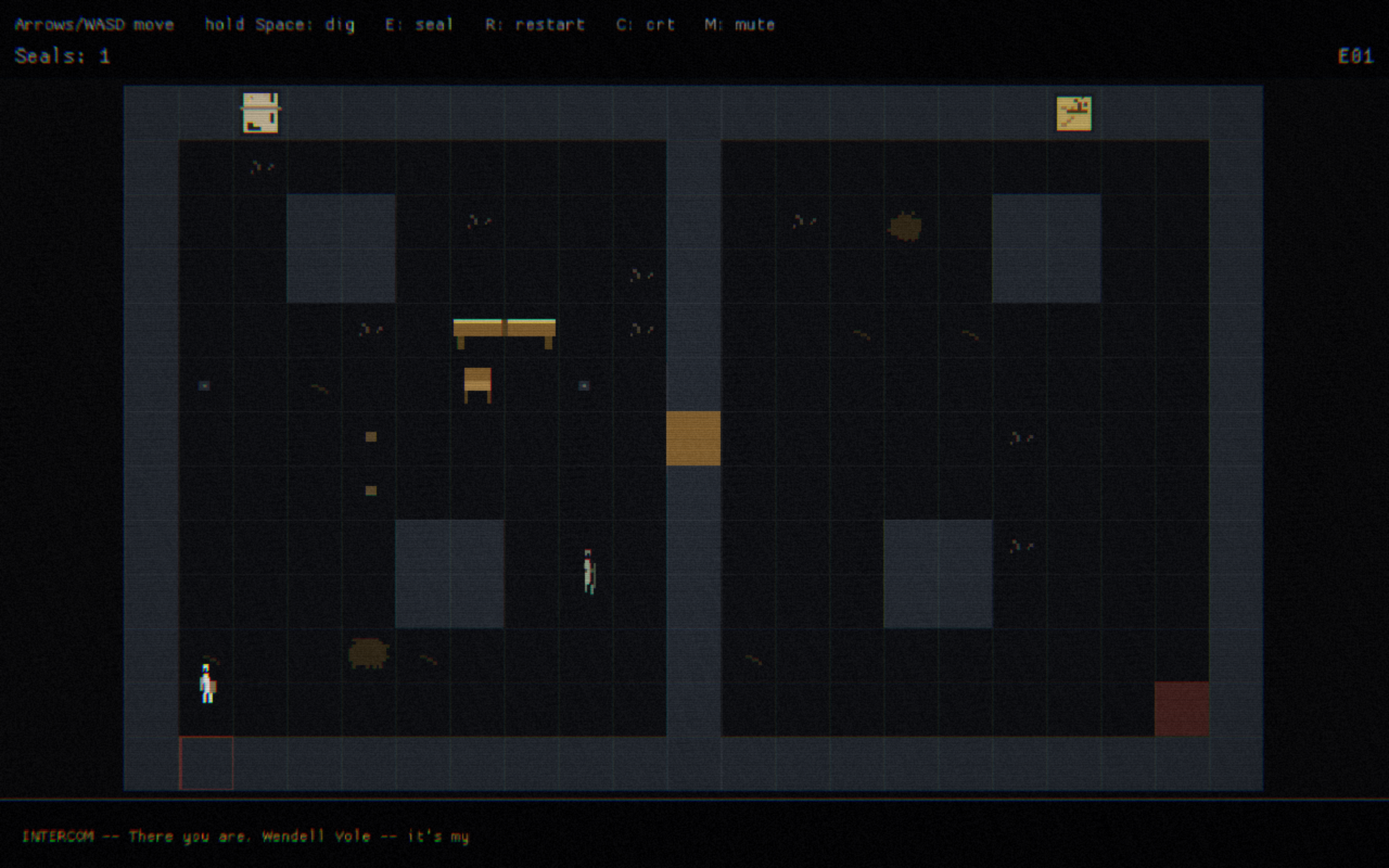 Episode one with sprites: a small white pixel figure with a visible head, messenger bag, and legs stands bottom-left; a hunched grey-green figure shambles mid-room among the furniture.