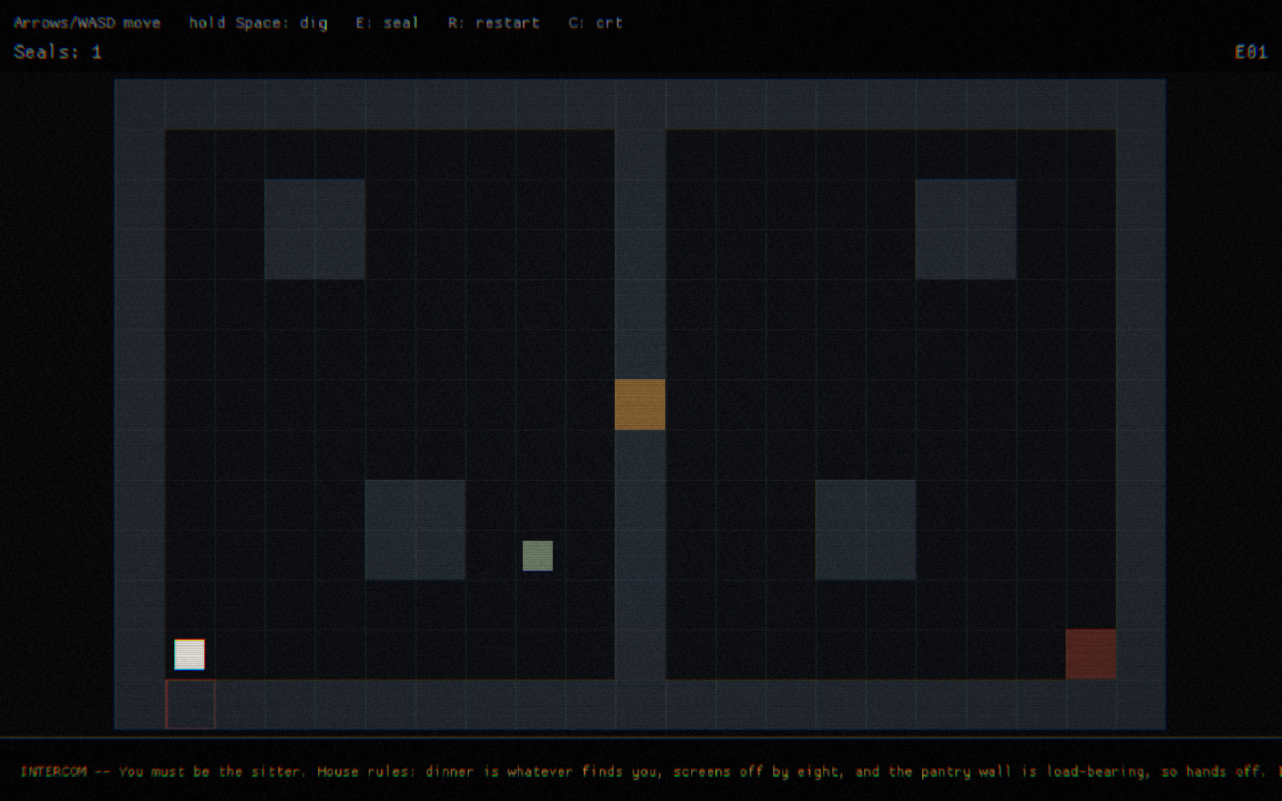 The new look: the same room through a CRT composite — scanlines, film grain, vignette, chromatic fringing on the white player square, warm amber intercom text at the bottom, cool slate walls over a near-black floor, a rot-green zombie, and a dark red pulsing exit.