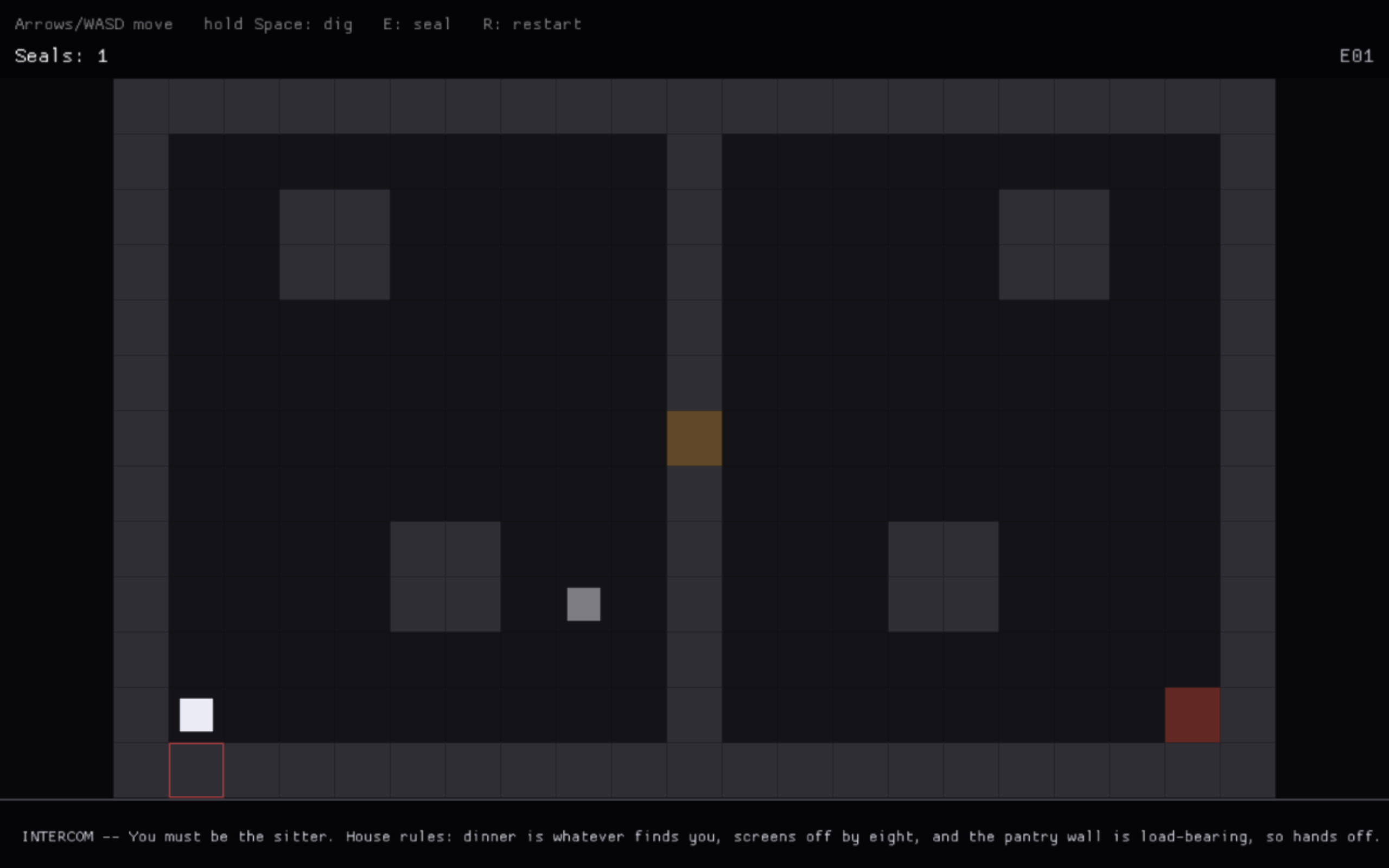 The old look: flat dark grey tiles, plain colored squares for player and zombie, no effects of any kind.